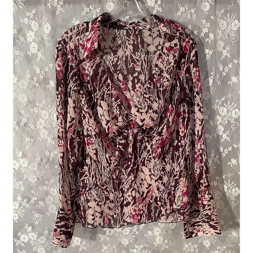 Vintage Y2K Floral Blouse Size XXL Brown Pink Metallic Sheer Artsy Boho Shirt 2X